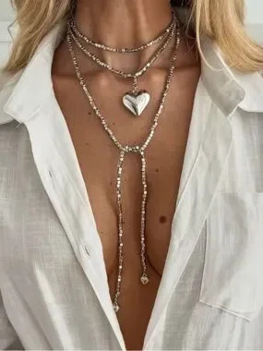 Silver long Heart Necklace Bohemian plastic beaded necklace lightweight